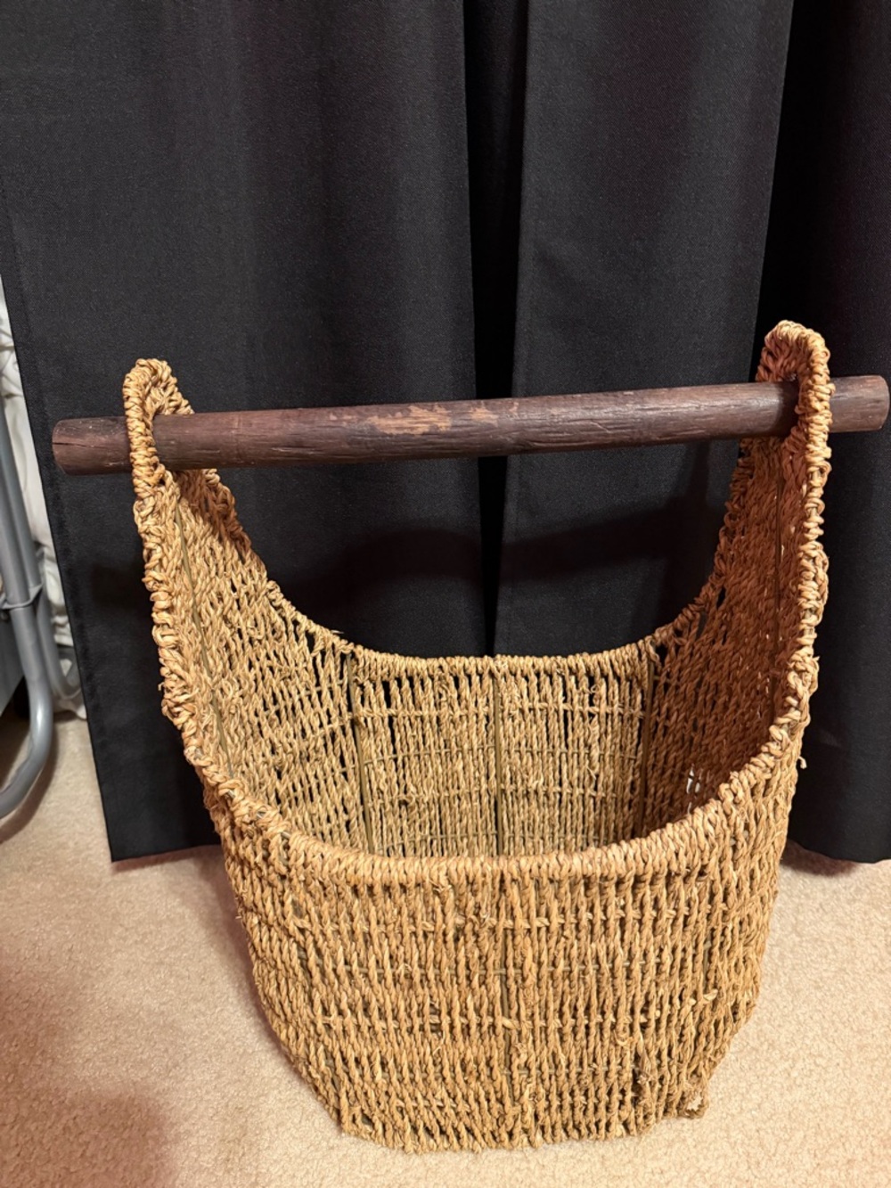 Handwoven Natural Seagrass Magazine Basket with Dark Wood Dowel